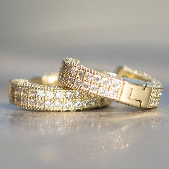 Mens Fully Ice Out 14K Gold Hoop Earrings - Picture 4 of 16